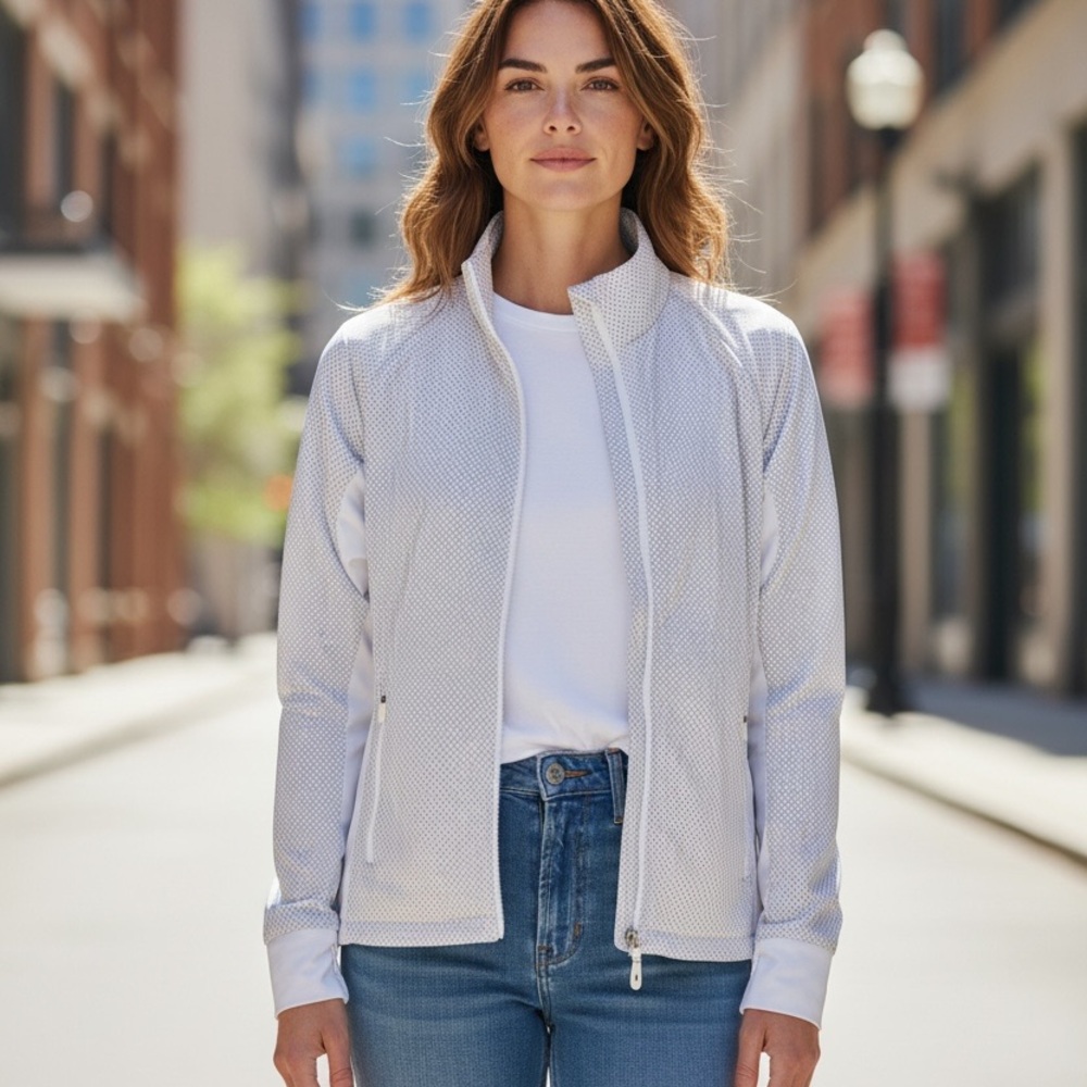 Kate Lord White Gray Pattern Full Zip Lightweight Athletic Jacket